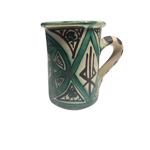 Handcrafted Ceramic Mug With Green & Black Geometric Patterns Striped Handle Uni - Picture 3 of 6